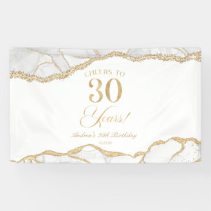 Elegant White Gold Agate 30th Birthday Party Banner