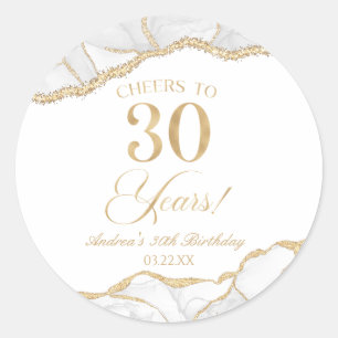 Elegant White Gold Agate 30th Birthday Party Classic Round Sticker