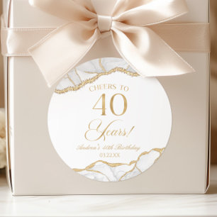 Elegant White Gold Agate 40th Birthday Party Classic Round Sticker
