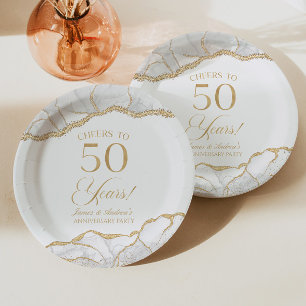 Elegant White Gold Agate 50th Anniversary Party Paper Plate