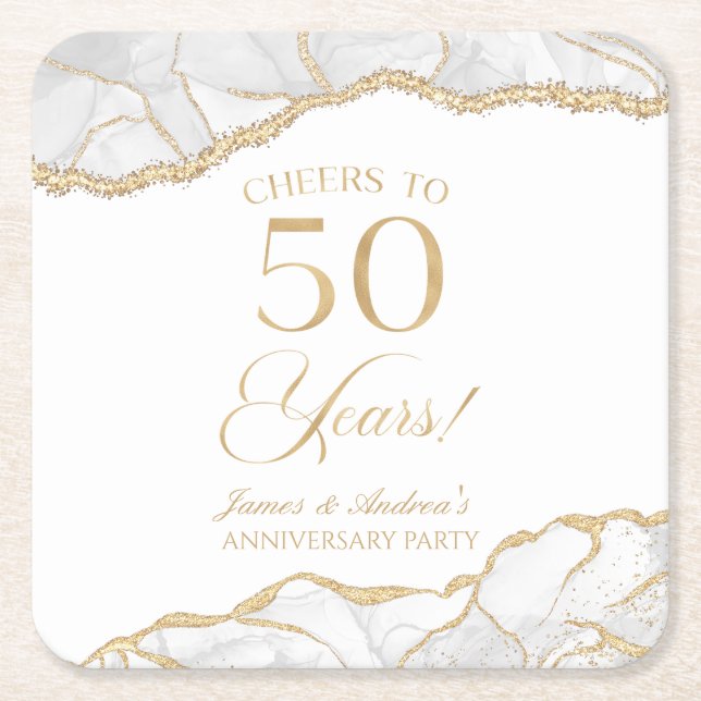 Elegant White Gold Agate 50th Anniversary Party Square Paper Coaster (Front)
