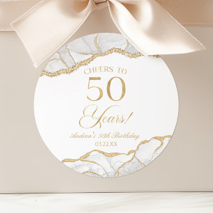 Elegant White Gold Agate 50th Birthday Party Classic Round Sticker