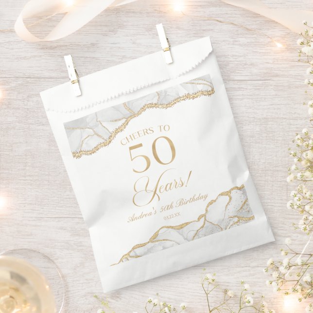 Elegant White Gold Agate 50th Birthday Party Favour Bag (Clipped)
