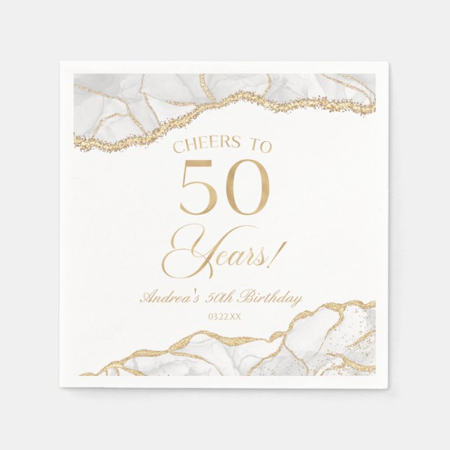 Elegant White Gold Agate 50th Birthday Party Napkin (Front)