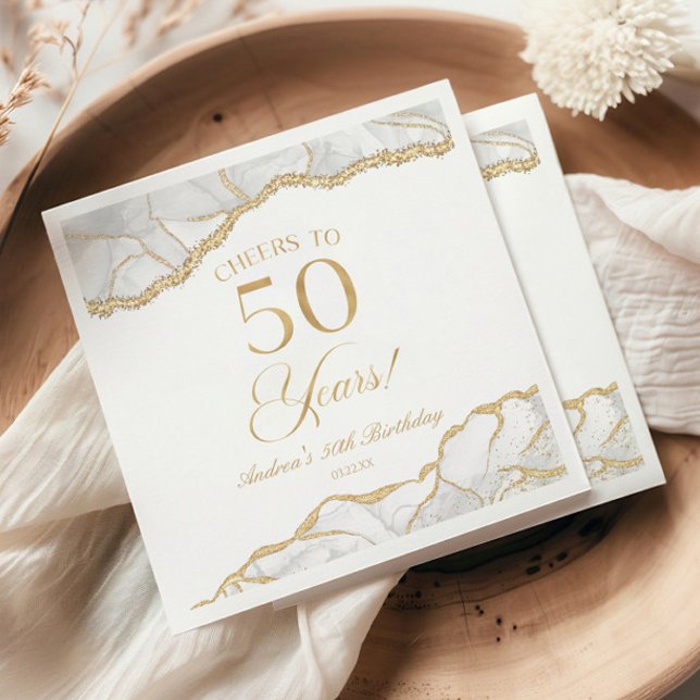 Elegant White Gold Agate 50th Birthday Party Napkin (Creator Uploaded)