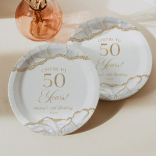 Elegant White Gold Agate 50th Birthday Party Paper Plate
