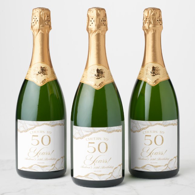 Elegant White Gold Agate 50th Birthday Party Sparkling Wine Label (Bottles)