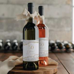 Elegant White Gold Agate 50th Birthday Party Wine Label