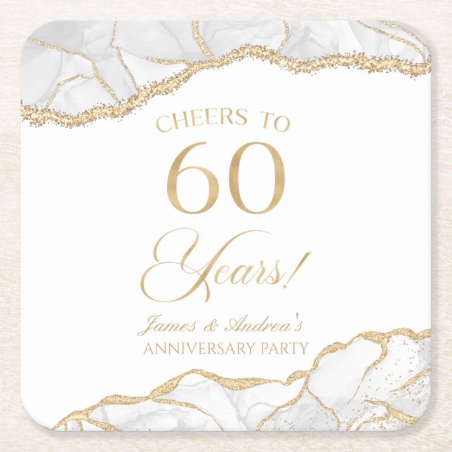 Elegant White Gold Agate 60th Anniversary Party Square Paper Coaster (Front)
