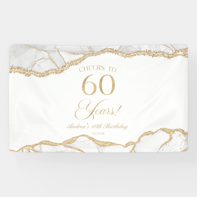 Elegant White Gold Agate 60th Birthday Party Banner (Horizontal)