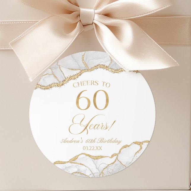 Elegant White Gold Agate 60th Birthday Party Classic Round Sticker (Creator Uploaded)