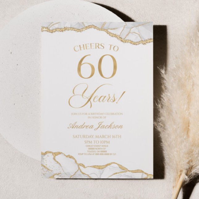 Elegant White Gold Agate 60th Birthday Party Invitation (Creator Uploaded)