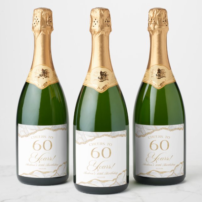 Elegant White Gold Agate 60th Birthday Party Sparkling Wine Label (Bottles)