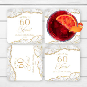 Elegant White Gold Agate 60th Birthday Party Square Paper Coaster