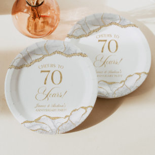 Elegant White Gold Agate 70th Anniversary Party Paper Plate