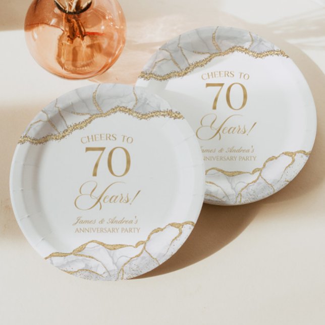 Elegant White Gold Agate 70th Anniversary Party Paper Plate (Creator Uploaded)