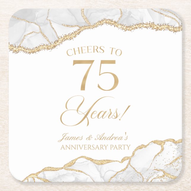Elegant White Gold Agate 75th Anniversary Party Square Paper Coaster (Front)