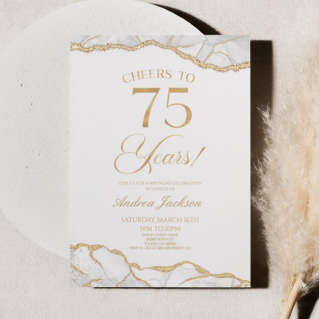 Elegant White Gold Agate 75th Birthday Party Invitation (Creator Uploaded)