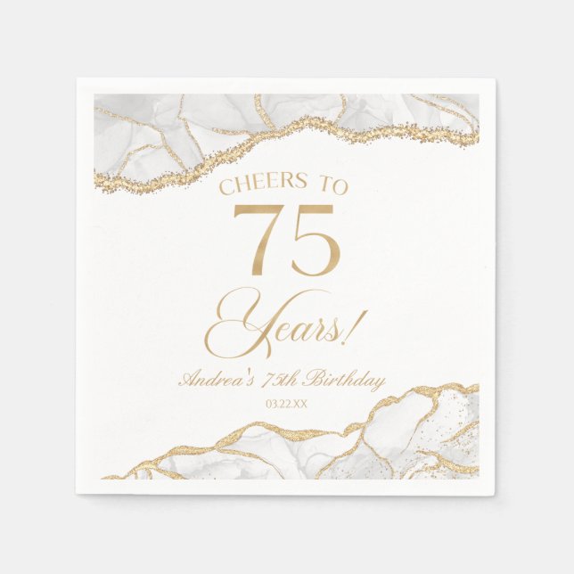 Elegant White Gold Agate 75th Birthday Party Napkin (Front)