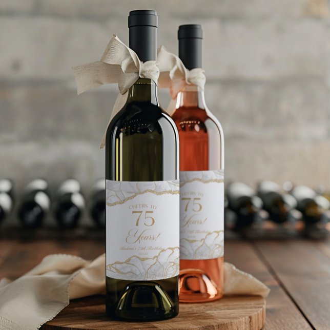 Elegant White Gold Agate 75th Birthday Party Wine Label (Creator Uploaded)