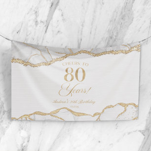 Elegant White Gold Agate 80th Birthday Party Banner