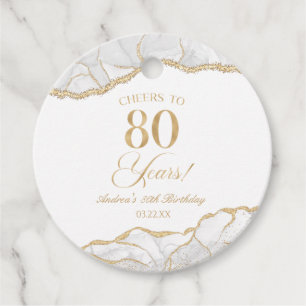 Elegant White Gold Agate 80th Birthday Party Favour Tags