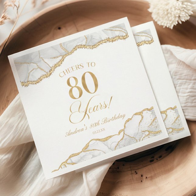 Elegant White Gold Agate 80th Birthday Party Napkin (Creator Uploaded)