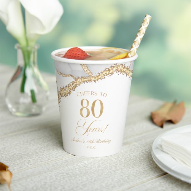 Elegant White Gold Agate 80th Birthday Party Paper Cups (Insitu)