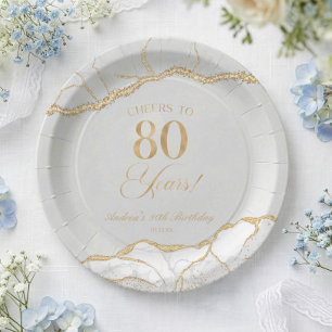 Elegant White Gold Agate 80th Birthday Party Paper Plate