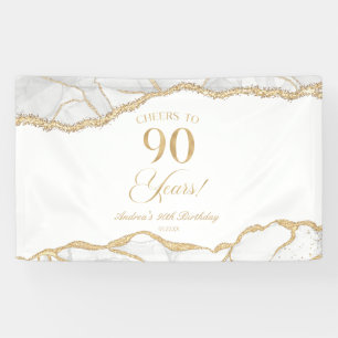 Elegant White Gold Agate 90th Birthday Party Banner