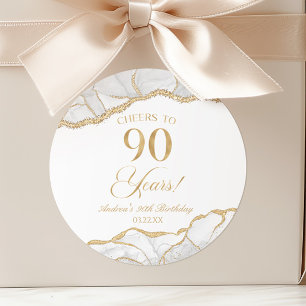 Elegant White Gold Agate 90th Birthday Party Classic Round Sticker