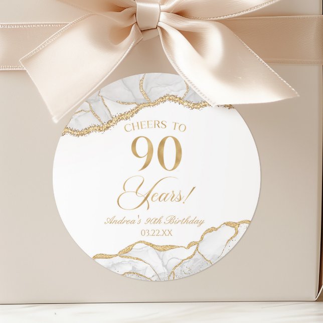 Elegant White Gold Agate 90th Birthday Party Classic Round Sticker (Creator Uploaded)