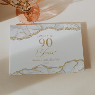Elegant White Gold Agate 90th Birthday Party Guest Book