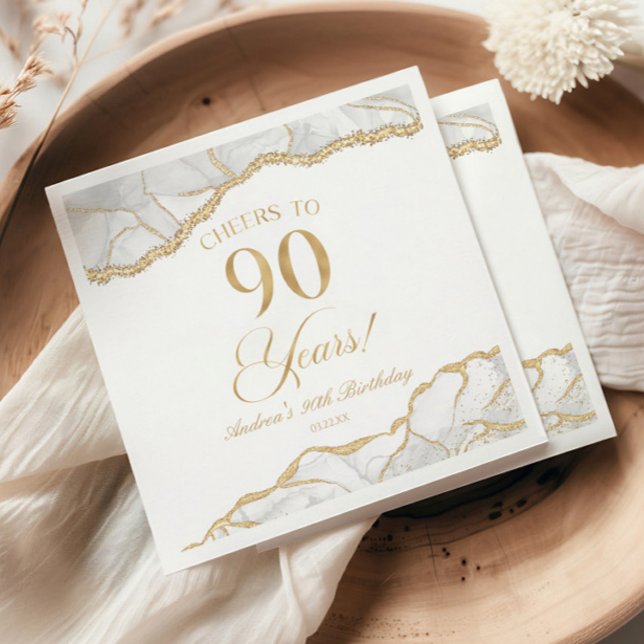 Elegant White Gold Agate 90th Birthday Party Napkin (Creator Uploaded)