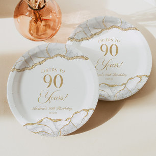 Elegant White Gold Agate 90th Birthday Party Paper Plate