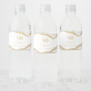 Elegant White Gold Agate 90th Birthday Party Water Bottle Label