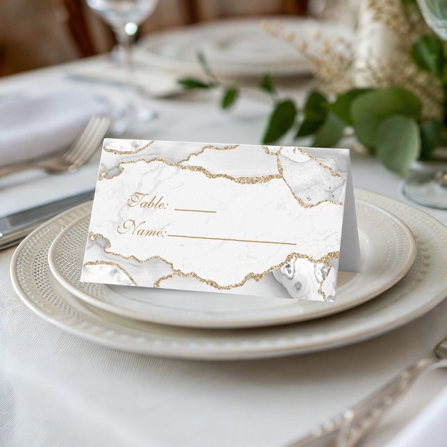Elegant White & Gold Agate Birthday Dinner  Place Card (Elegant White and Gold Birthday Dinner Place cards)