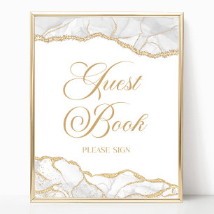 Elegant White Gold Agate Guest Book Sign