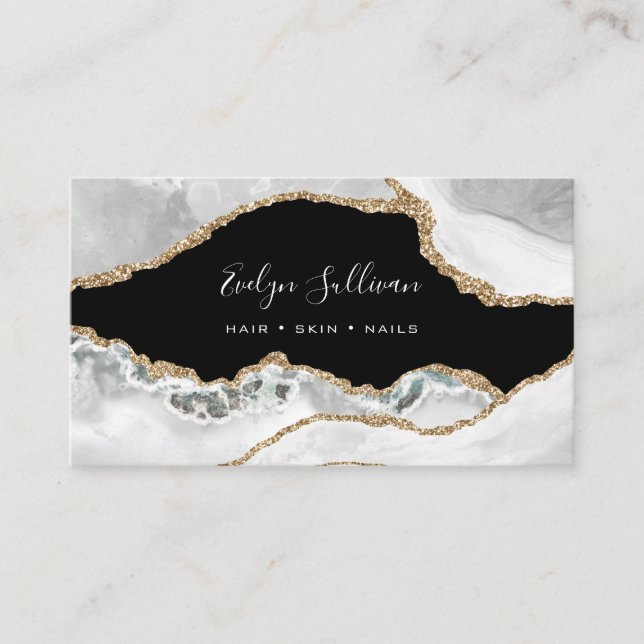 elegant white gold agate on black business card (Front)