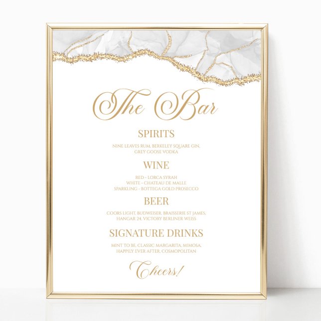Elegant White Gold Agate Party Bar Menu Sign (Creator Uploaded)