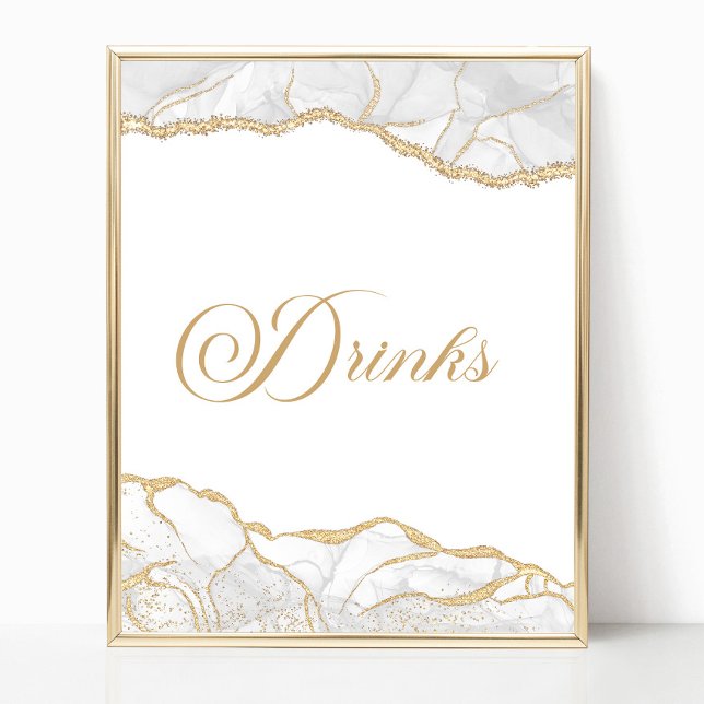 Elegant White Gold Agate Party Drinks Sign (Creator Uploaded)