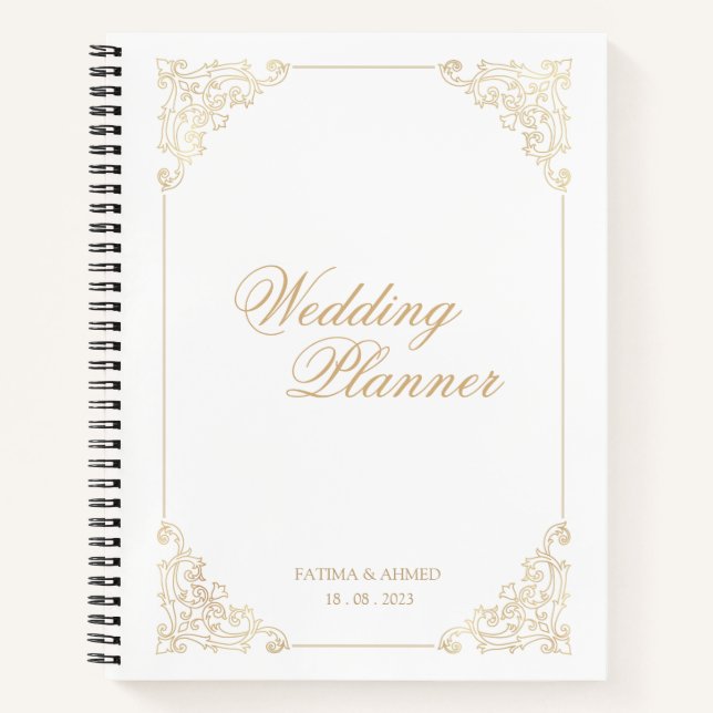 Elegant White Gold Baroque Muslim Wedding Planner Notebook (Front)