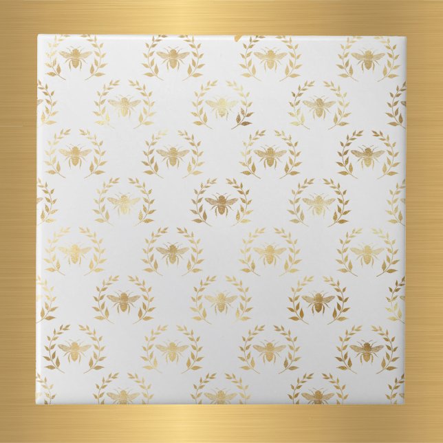 Elegant White Gold Bees Laurel Wreath Ceramic Tile (Creator Uploaded)