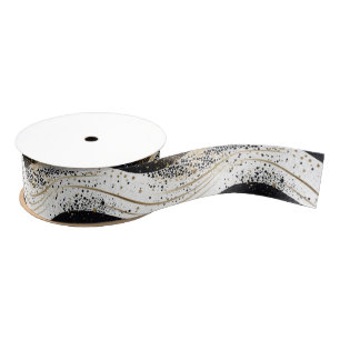 Elegant White Gold Black Wavy Stripes Grosgrain Ribbon