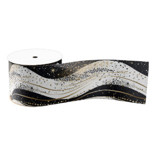 Elegant White Gold Black Wavy Stripes Grosgrain Ribbon