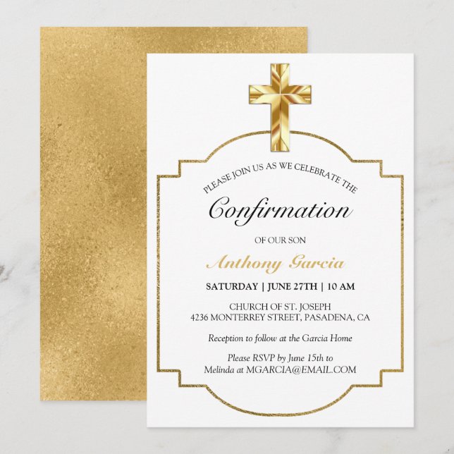 Elegant White Gold Boys Confirmation Invitation (Front/Back)