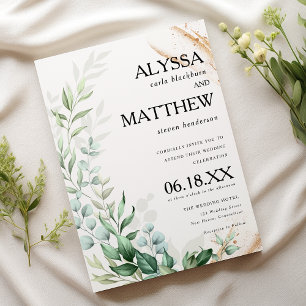 Elegant white gold brush greenery leaves wedding invitation