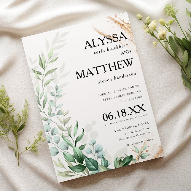 Elegant white gold brush greenery leaves wedding invitation (Elegant white gold brush greenery leaves wedding)