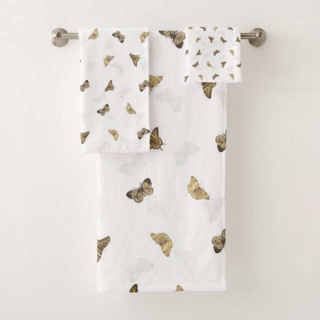 Elegant White Gold Butterflies Bath Towel Set (Insitu)