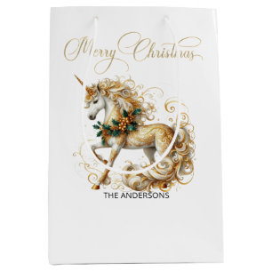 Elegant White & Gold Christmas Unicorn Medium Gift Bag